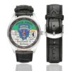 Men's casual watch with a round dial featuring the US Army Special Forces Detachment A Berlin Brigade emblem, silver-tone case and black leather strap, shown with the strap to the side.