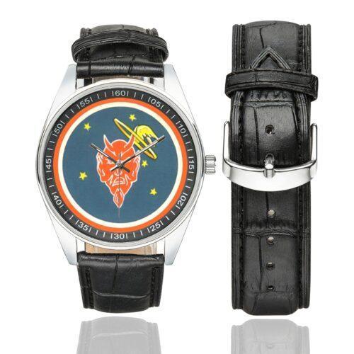Men's casual watch with a round dial featuring the 431st Test & Evaluation Squadron emblem, silver-tone case and black leather strap, shown with the strap to the side.