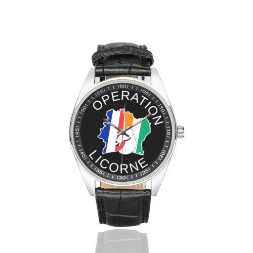 Men's casual watch with a round dial featuring the Opération Licorne emblem, silver-tone case and black leather strap.
