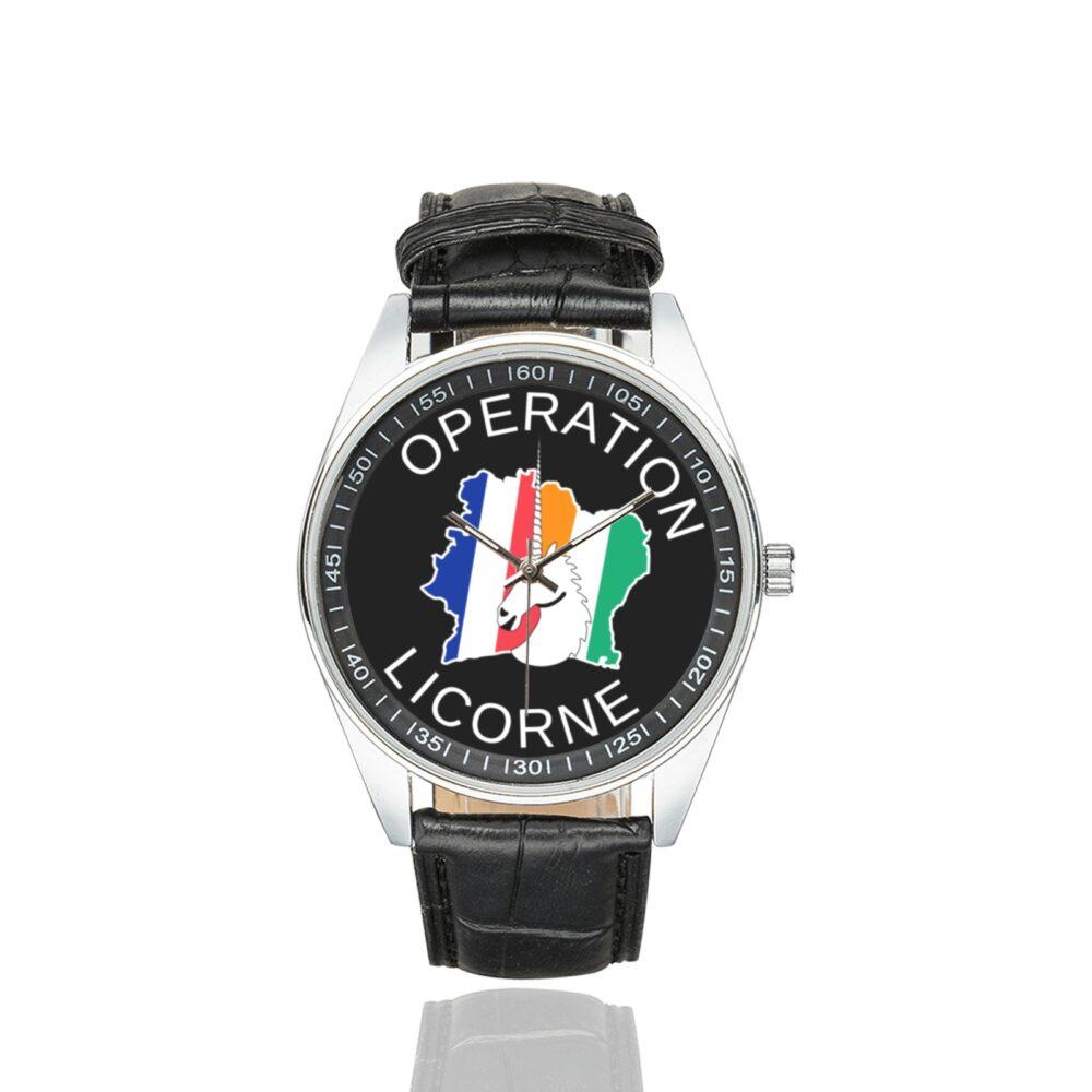 Men's casual watch with a round dial featuring the Opération Licorne emblem, silver-tone case and black leather strap.