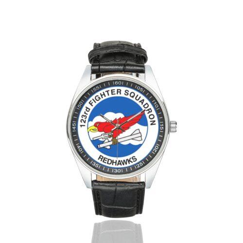 Men's casual watch with a round dial featuring the USAF 123rd Fighter Squadron emblem, silver-tone case and black leather strap.
