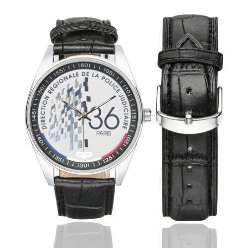 Men's casual watch with a round dial featuring the DRPJ 36 emblem, silver-tone case and black leather strap, shown with the strap to the side.