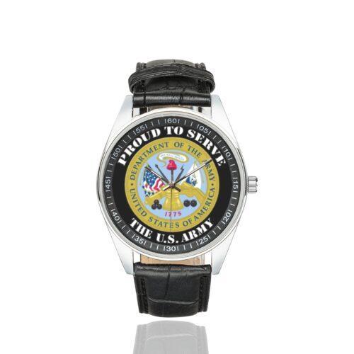 Men's casual watch with a round dial featuring the US Department of the Army Veteran-- emblem, silver-tone case and black leather strap.