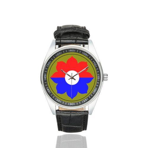 Men's casual watch with a round dial featuring the 9th Infantry Division emblem, silver-tone case and black leather strap.