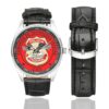 Men's casual watch with a round dial featuring the Brazilian Federal Police emblem, silver-tone case and black leather strap, shown with the strap to the side.