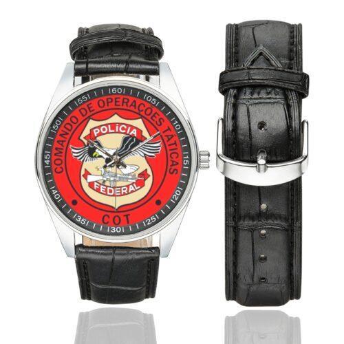 Men's casual watch with a round dial featuring the Brazilian Federal Police emblem, silver-tone case and black leather strap, shown with the strap to the side.