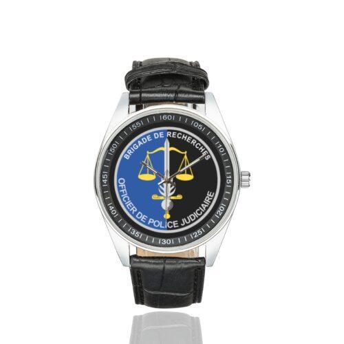 Men's casual watch with a round dial featuring the BR OPJ emblem, silver-tone case and black leather strap.