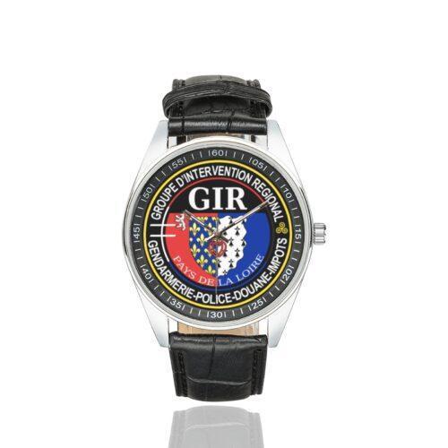 Men's casual watch with a round dial featuring the GIR Pays de la Loire emblem, silver-tone case and black leather strap.