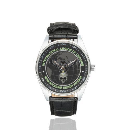 Men's casual watch with a round dial featuring the International Legion of the Defence Intelligence of Ukraine emblem, silver-tone case and black leather strap.