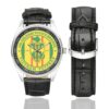 Men's casual watch with a round dial featuring the US Army 18th Military Police BDE Vietnam Veteran emblem, silver-tone case and black leather strap, shown with the strap to the side.