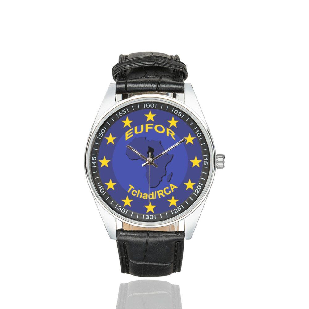 Men's casual watch with a round dial featuring the EUFOR Tchad-RCA emblem, silver-tone case and black leather strap.