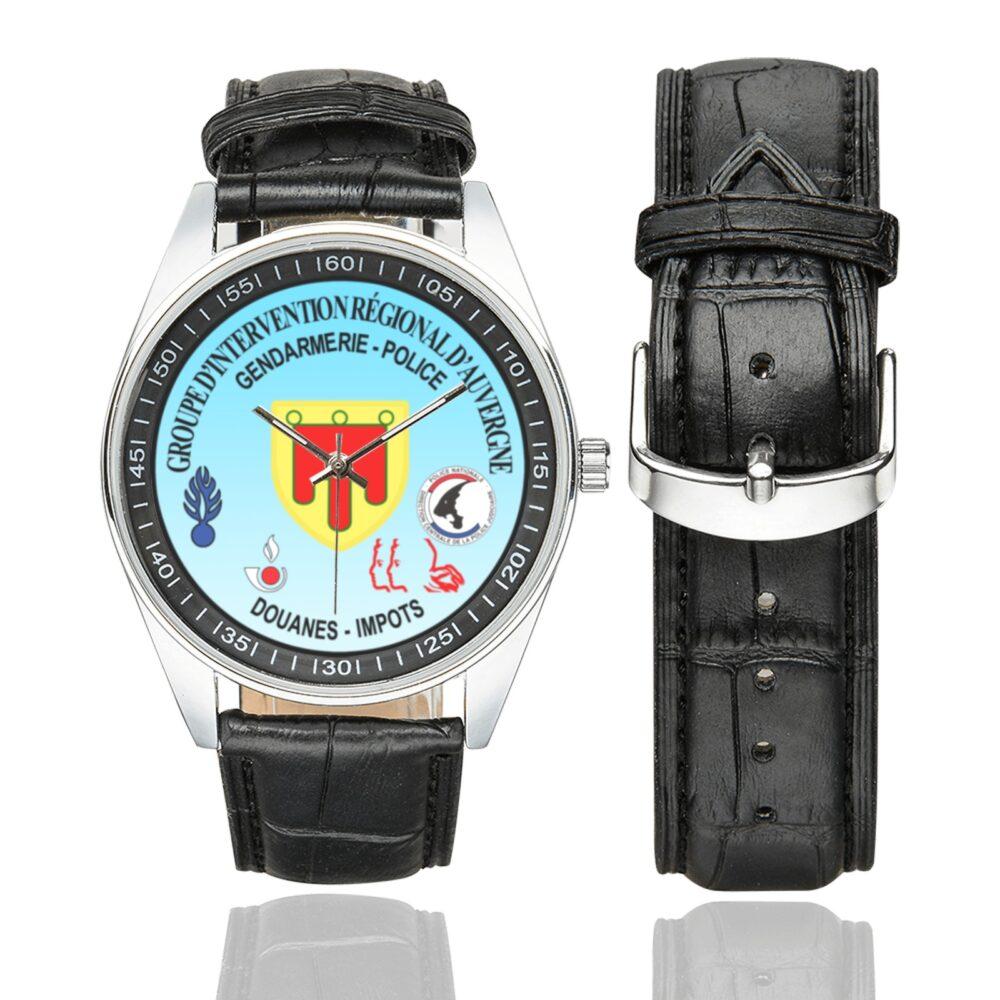 Men's casual watch with a round dial featuring the GIR Auvergne emblem, silver-tone case and black leather strap, shown with the strap to the side.