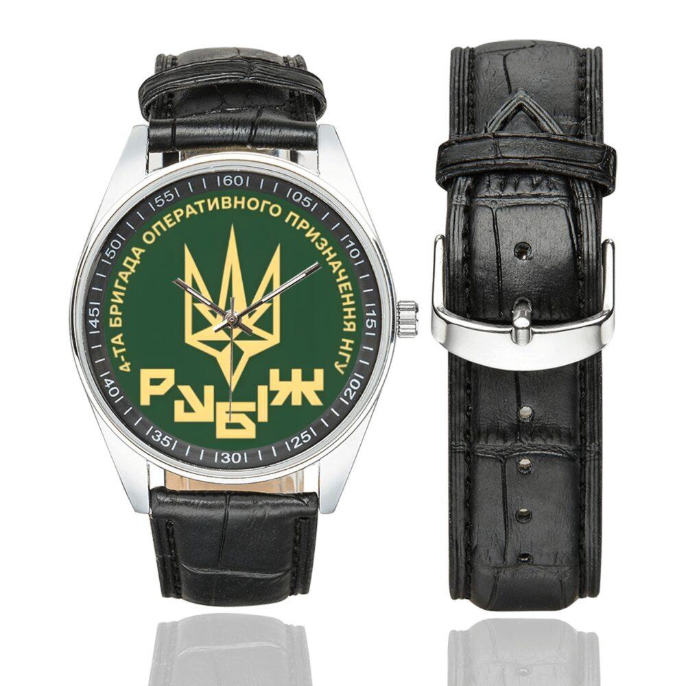 Men's casual watch with a round dial featuring the Ukraine 4th Brigade of Operational Assignment Rubizh Brigade emblem, silver-tone case and black leather strap, shown with the strap to the side.