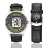 Men's casual watch with a round dial featuring the Commando Marine Trepel emblem, silver-tone case and black leather strap, shown with the strap to the side.
