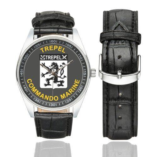Men's casual watch with a round dial featuring the Commando Marine Trepel emblem, silver-tone case and black leather strap, shown with the strap to the side.