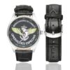 Men's casual watch with a round dial featuring the Brazilian Special Forces Combat Divers emblem, silver-tone case and black leather strap, shown with the strap to the side.