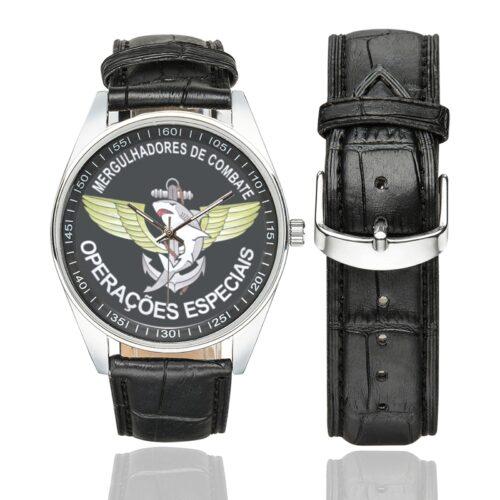 Men's casual watch with a round dial featuring the Brazilian Special Forces Combat Divers emblem, silver-tone case and black leather strap, shown with the strap to the side.
