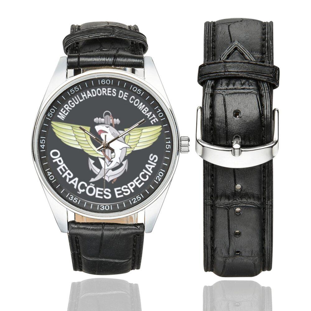 Men's casual watch with a round dial featuring the Brazilian Special Forces Combat Divers emblem, silver-tone case and black leather strap, shown with the strap to the side.
