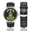 Men's casual watch with a round dial featuring the Royal Marines emblem, silver-tone case and black leather strap, shown with the strap to the side.