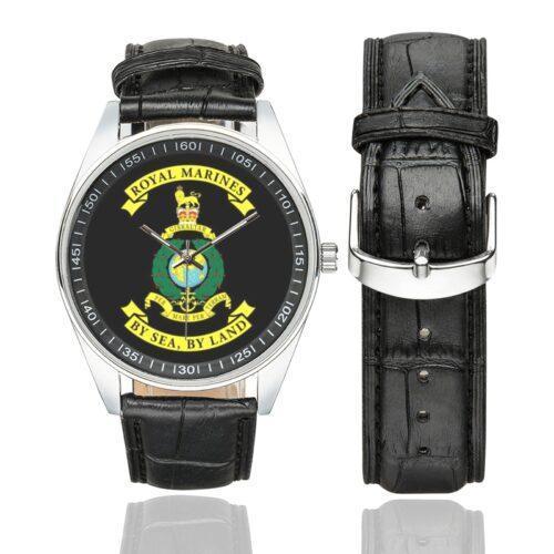 Men's casual watch with a round dial featuring the Royal Marines emblem, silver-tone case and black leather strap, shown with the strap to the side.