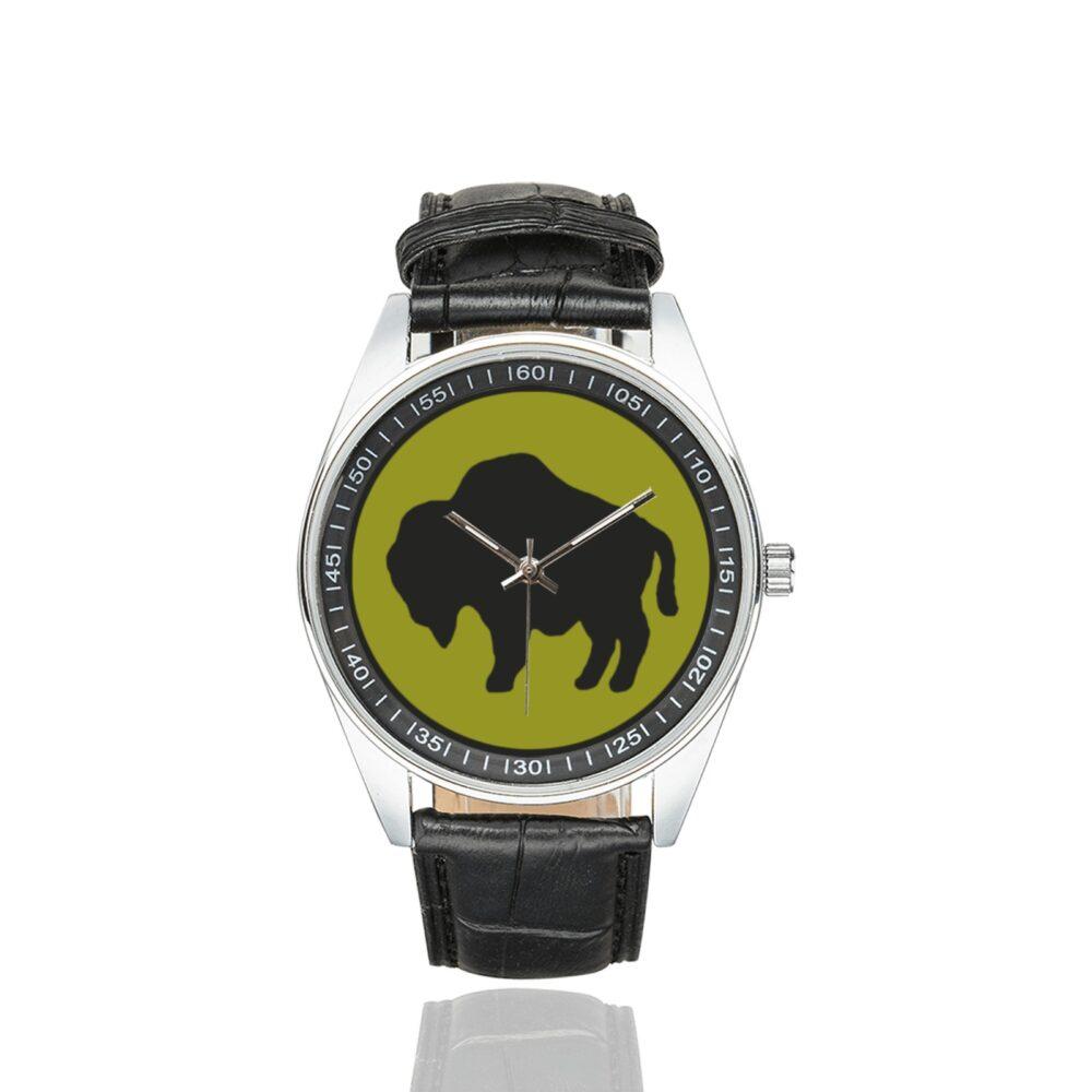 Men's casual watch with a round dial featuring the US 92nd Infantry Division emblem, silver-tone case and black leather strap.