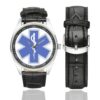 Men's casual watch with a round dial featuring the EMT Rescue Medic emblem, silver-tone case and black leather strap, shown with the strap to the side.