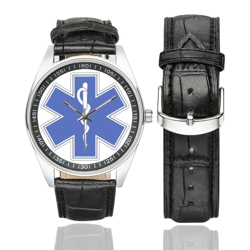 Men's casual watch with a round dial featuring the EMT Rescue Medic emblem, silver-tone case and black leather strap, shown with the strap to the side.