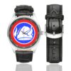 Men's casual watch with a round dial featuring the 47th Division Shoulder Patch emblem, silver-tone case and black leather strap, shown with the strap to the side.