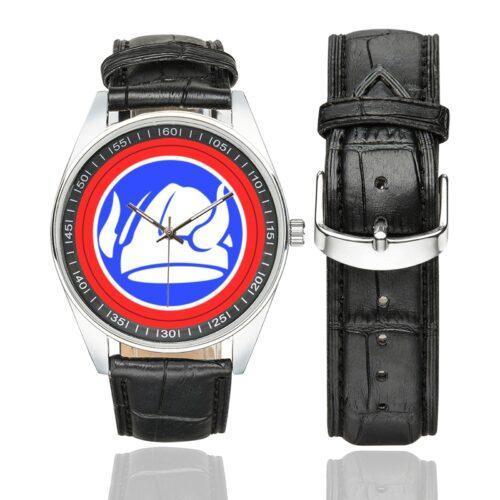 Men's casual watch with a round dial featuring the 47th Division Shoulder Patch emblem, silver-tone case and black leather strap, shown with the strap to the side.