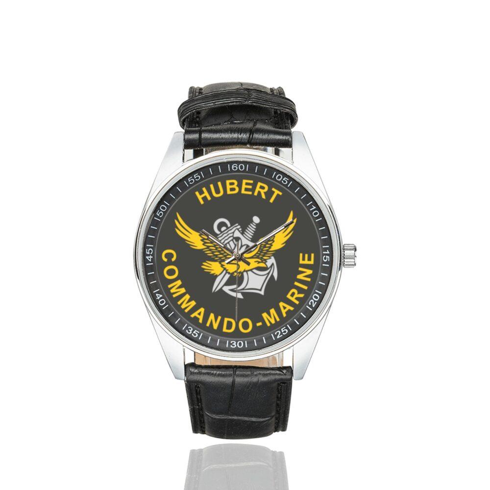 Men's casual watch with a round dial featuring the Commando Marine Hubert emblem, silver-tone case and black leather strap.