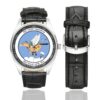 Men's casual watch with a round dial featuring the USAF 8th Airlift Squadron emblem, silver-tone case and black leather strap, shown with the strap to the side.