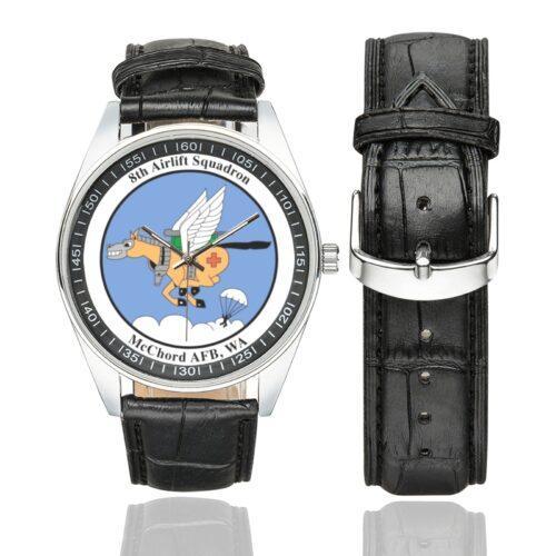 Men's casual watch with a round dial featuring the USAF 8th Airlift Squadron emblem, silver-tone case and black leather strap, shown with the strap to the side.