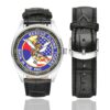 Men's casual watch with a round dial featuring the USAF 74th Fighter Squadron Masshole Eagle Driver-- emblem, silver-tone case and black leather strap, shown with the strap to the side.