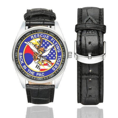 Men's casual watch with a round dial featuring the USAF 74th Fighter Squadron Masshole Eagle Driver-- emblem, silver-tone case and black leather strap, shown with the strap to the side.