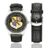 Men's casual watch with a round dial featuring the 501st tmw emblem, silver-tone case and black leather strap, shown with the strap to the side.