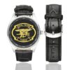 Men's casual watch with a round dial featuring the SEAL Team 3 emblem, silver-tone case and black leather strap, shown with the strap to the side.
