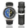Men's casual watch with a round dial featuring the BR OPJ emblem, silver-tone case and black leather strap, shown with the strap to the side.