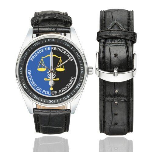 Men's casual watch with a round dial featuring the BR OPJ emblem, silver-tone case and black leather strap, shown with the strap to the side.