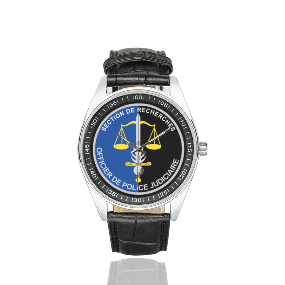 Men's casual watch with a round dial featuring the SR OPJ emblem, silver-tone case and black leather strap.
