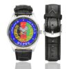 Men's casual watch with a round dial featuring the Afghanistan Global Command Provincial Special Units emblem, silver-tone case and black leather strap, shown with the strap to the side.