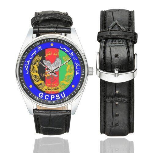 Men's casual watch with a round dial featuring the Afghanistan Global Command Provincial Special Units emblem, silver-tone case and black leather strap, shown with the strap to the side.