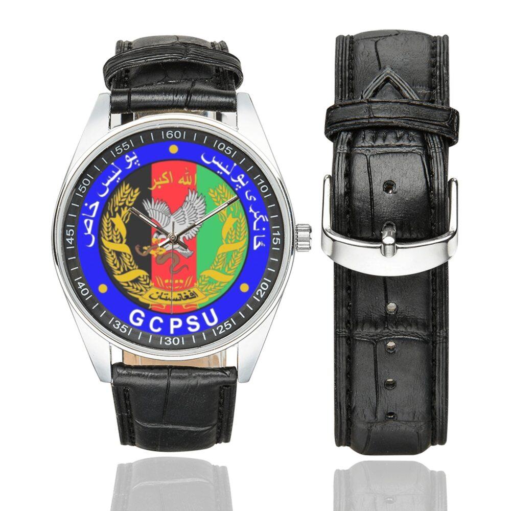 Men's casual watch with a round dial featuring the Afghanistan Global Command Provincial Special Units emblem, silver-tone case and black leather strap, shown with the strap to the side.