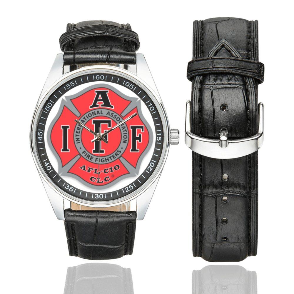 Men's casual watch with a round dial featuring the Fire fighters International Association emblem, silver-tone case and black leather strap, shown with the strap to the side.