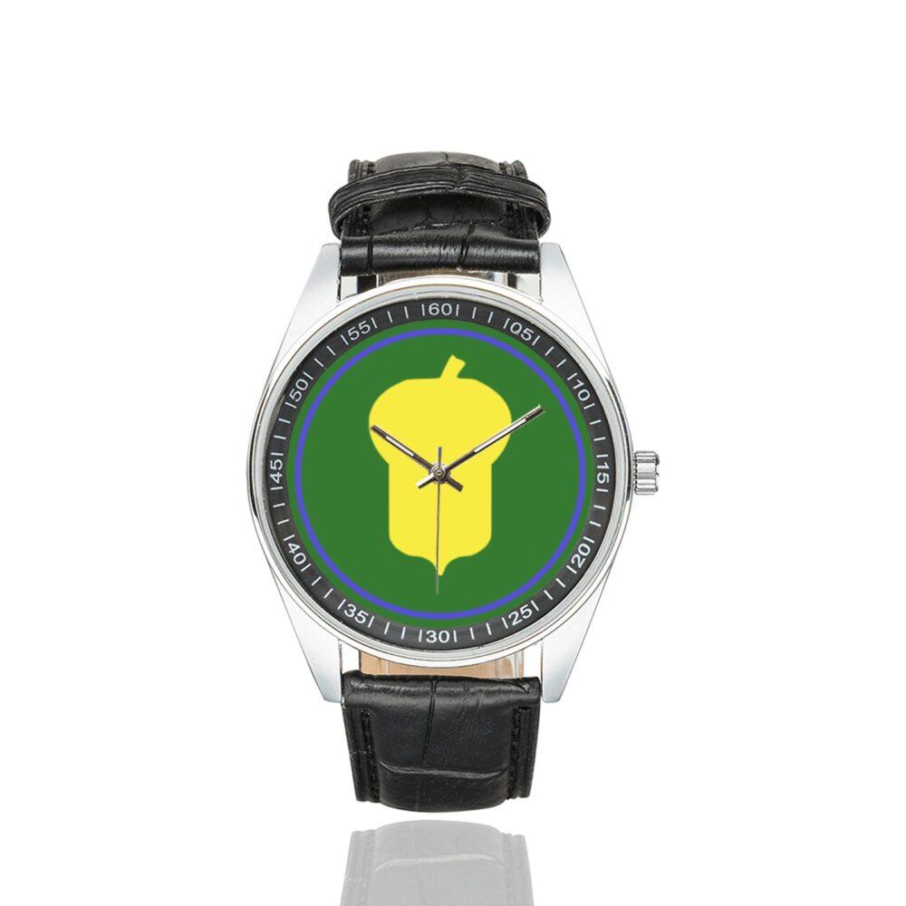 Men's casual watch with a round dial featuring the US 87th Infantry Division emblem, silver-tone case and black leather strap.
