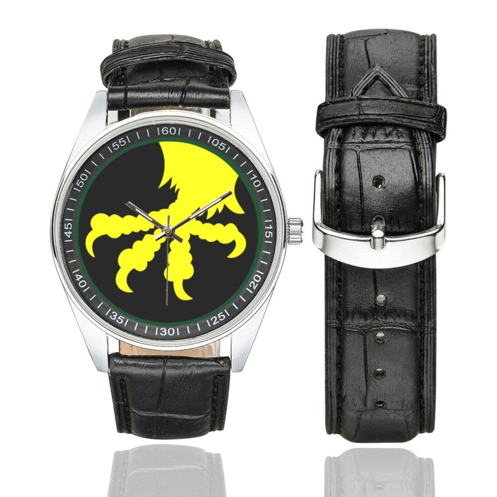 Men's casual watch with a round dial featuring the USA 17 ABN DIV emblem, silver-tone case and black leather strap, shown with the strap to the side.