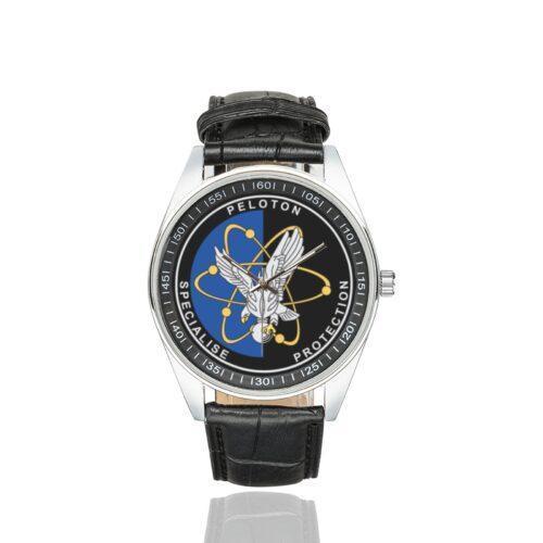 Men's casual watch with a round dial featuring the PSPG emblem, silver-tone case and black leather strap.