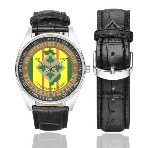 Men's casual watch with a round dial featuring the US Army 4th Infantry Division Vietnam Veteran emblem, silver-tone case and black leather strap, shown with the strap to the side.