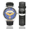 Men's casual watch with a round dial featuring the Commando Parachutiste de l'Air n° 10 emblem, silver-tone case and black leather strap, shown with the strap to the side.