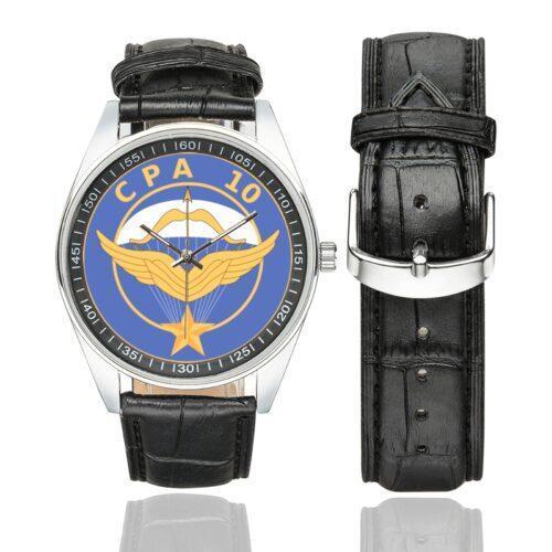 Men's casual watch with a round dial featuring the Commando Parachutiste de l'Air n° 10 emblem, silver-tone case and black leather strap, shown with the strap to the side.