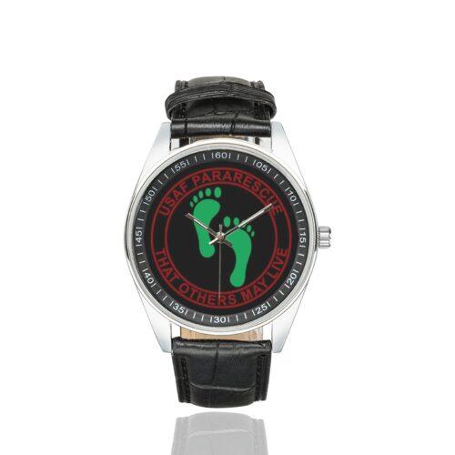 Men's casual watch with a round dial featuring the PJ Air Force Combat Rescue emblem, silver-tone case and black leather strap.
